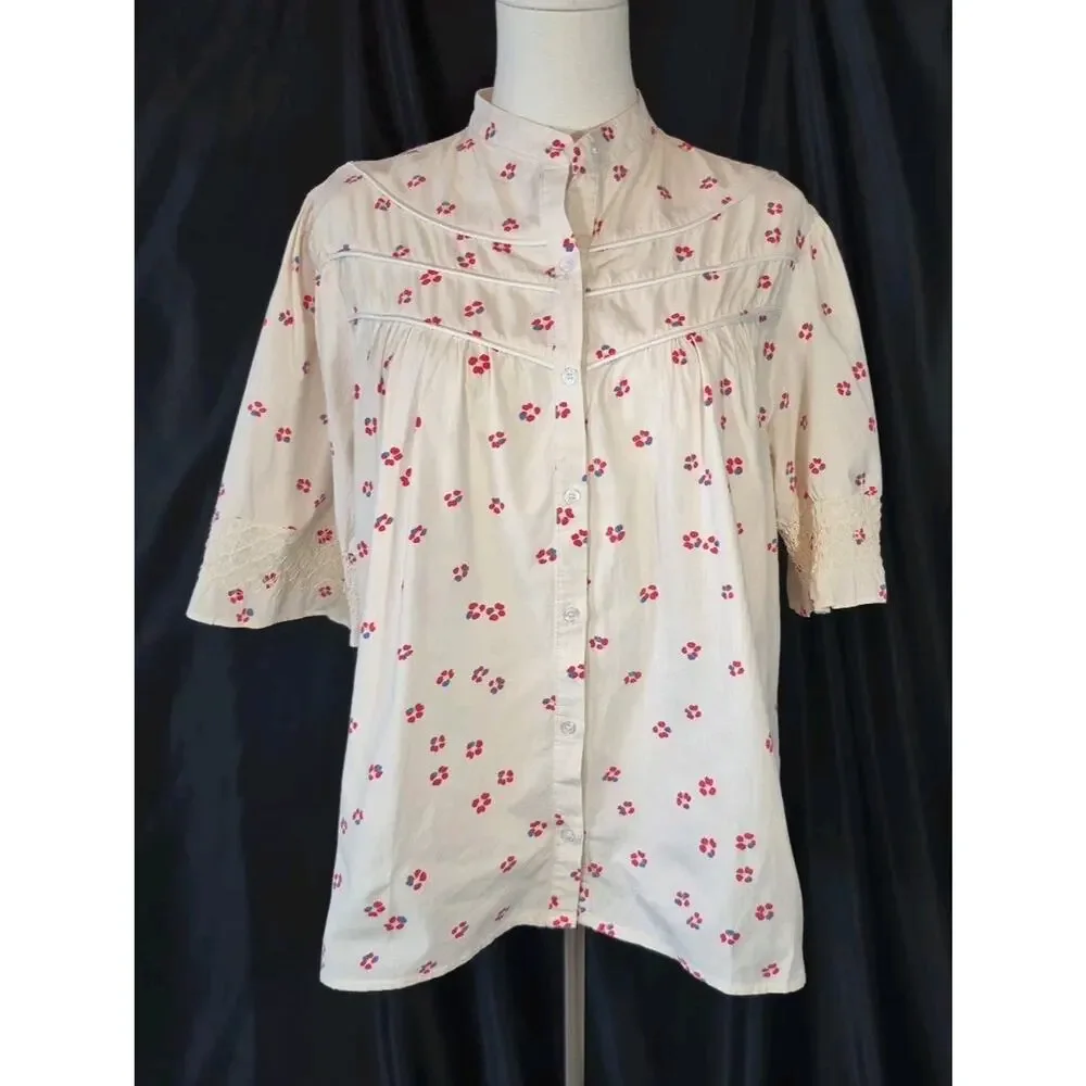 The Shirt Rochelle Behrens White Pink Embroidered Cotton Top Medium